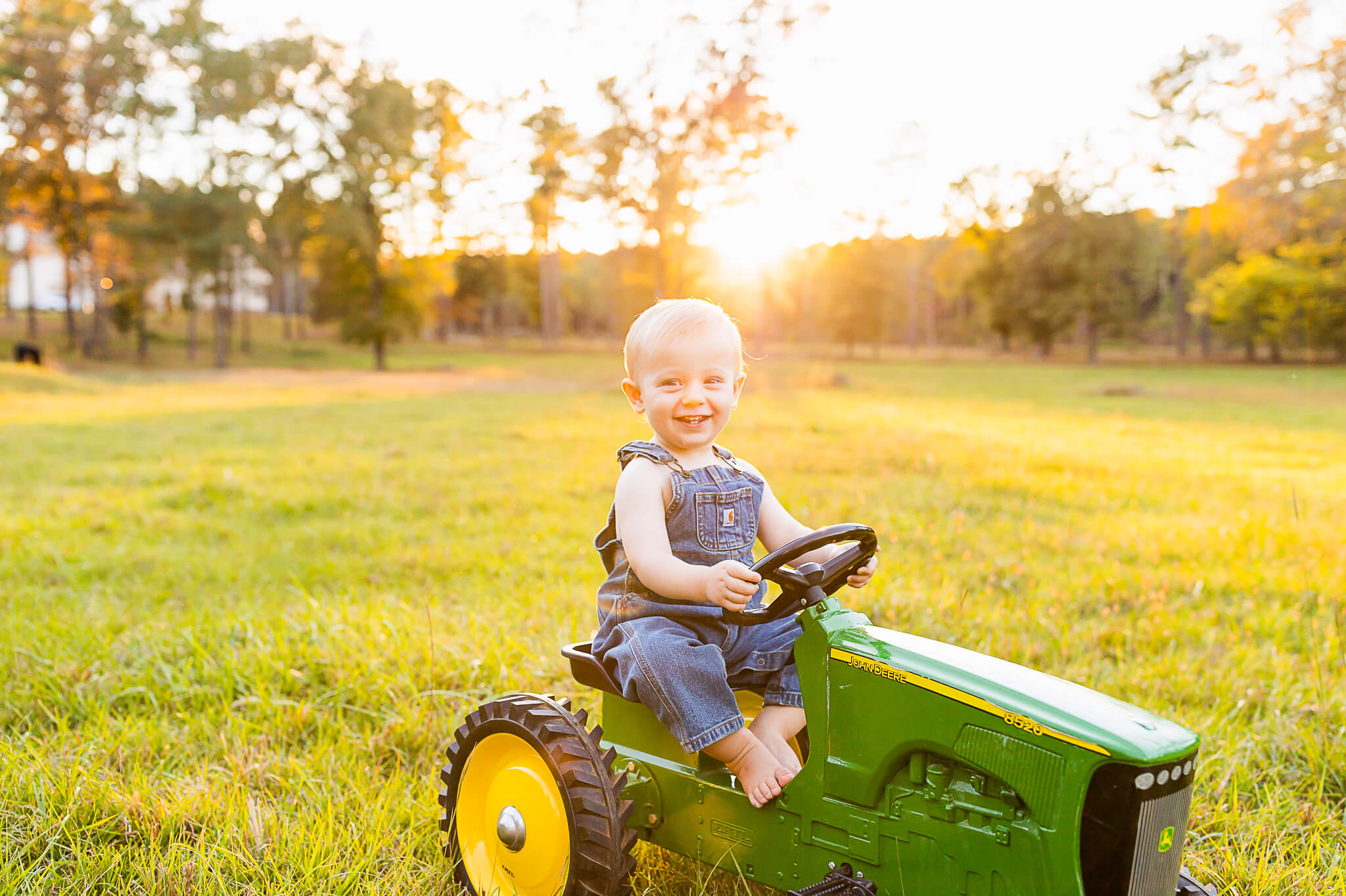 little boy in blue overalls riding on a green john deere tractor at sunset Lawn care birmingham al