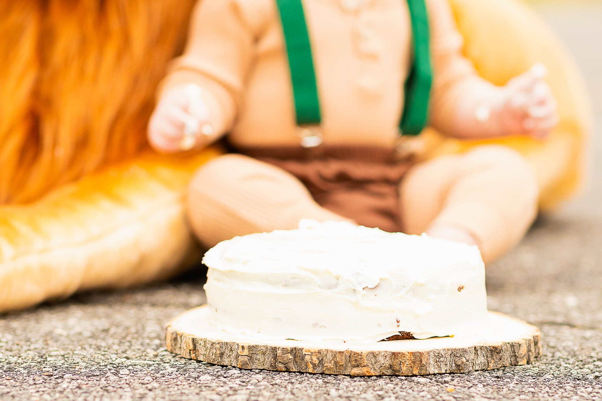 boy in suspenders sits behind white birthday cake sitting on a log cutoff birmingham cakes